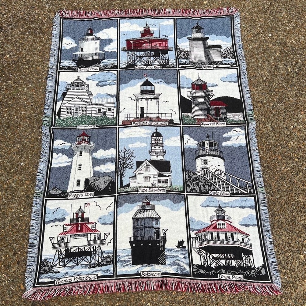 Crown Crafts Lighthouse Tapestry Blanket Woven Cotton Made in USA Nautical Throw